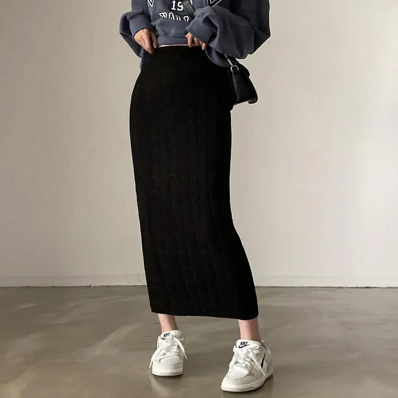 Solid Cotton Cable Crochet Skirts/Slim Fitted Fashion/Long Skirt Vintage/Elastic High Waisted Straight Skirt.