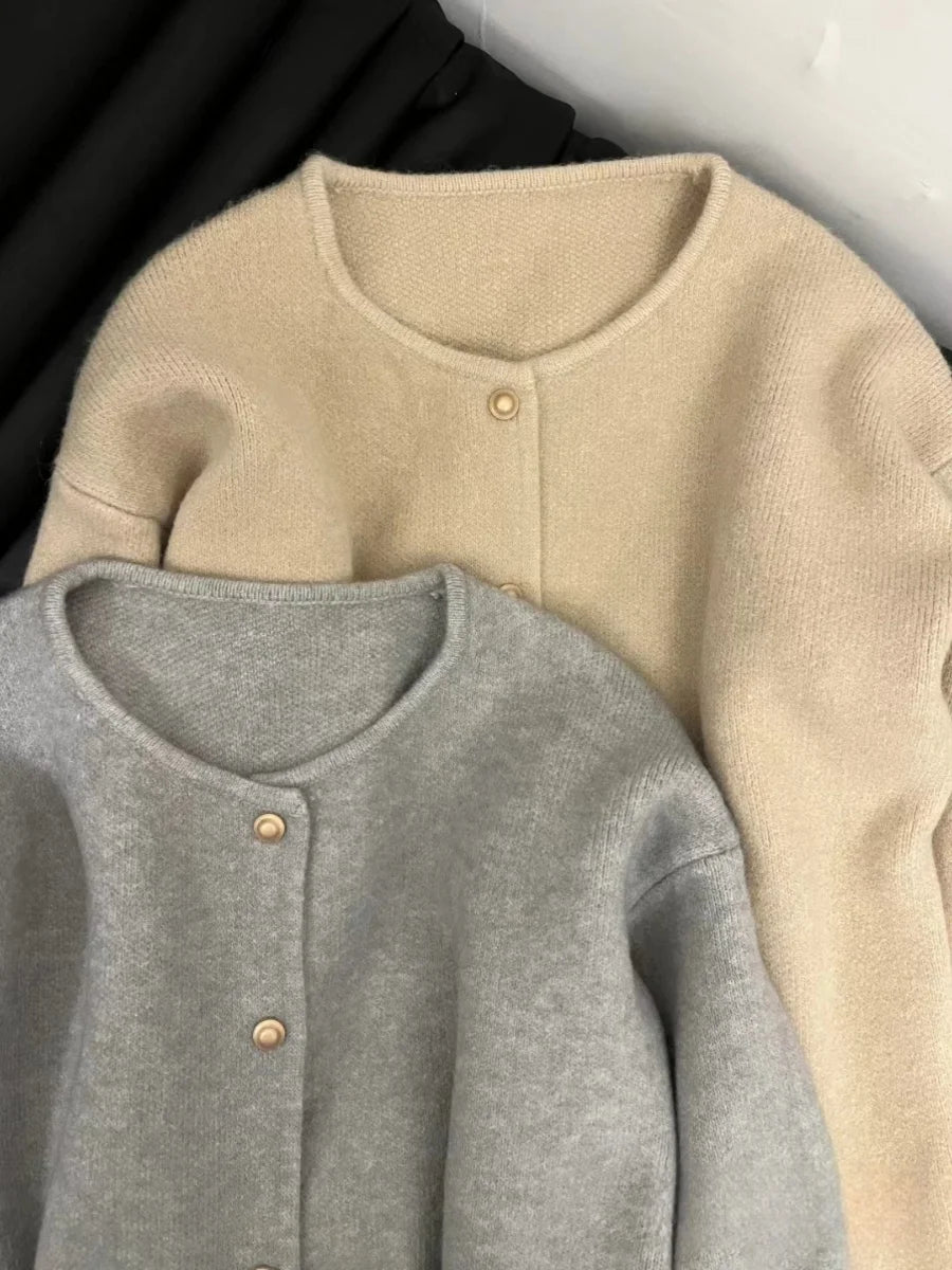 Elegant O-Neck Knitted Sweater Cardigan/Loose Versatile Long Sleeved Top Single Breasted Jacket