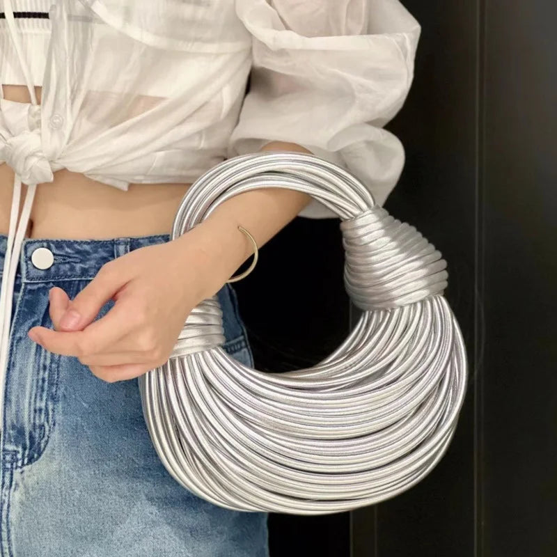New Gold Luxury Designer Brand Handwoven Noodle Bags Rope Knotted Pulled Hobo Silver Evening Clutch Chic.