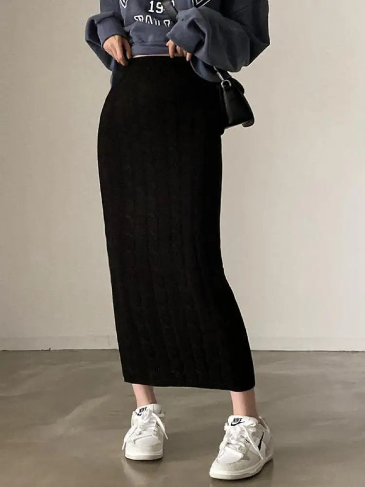 Solid Cotton Cable Crochet Skirts/Slim Fitted Fashion/Long Skirt Vintage/Elastic High Waisted Straight Skirt.
