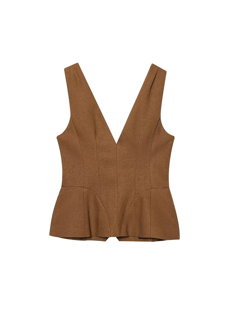 Vests Coats Fashion Casual Solid V-Neck Single/Breasted Linen Loose Female Elegant Street Waistcoat Clothing.