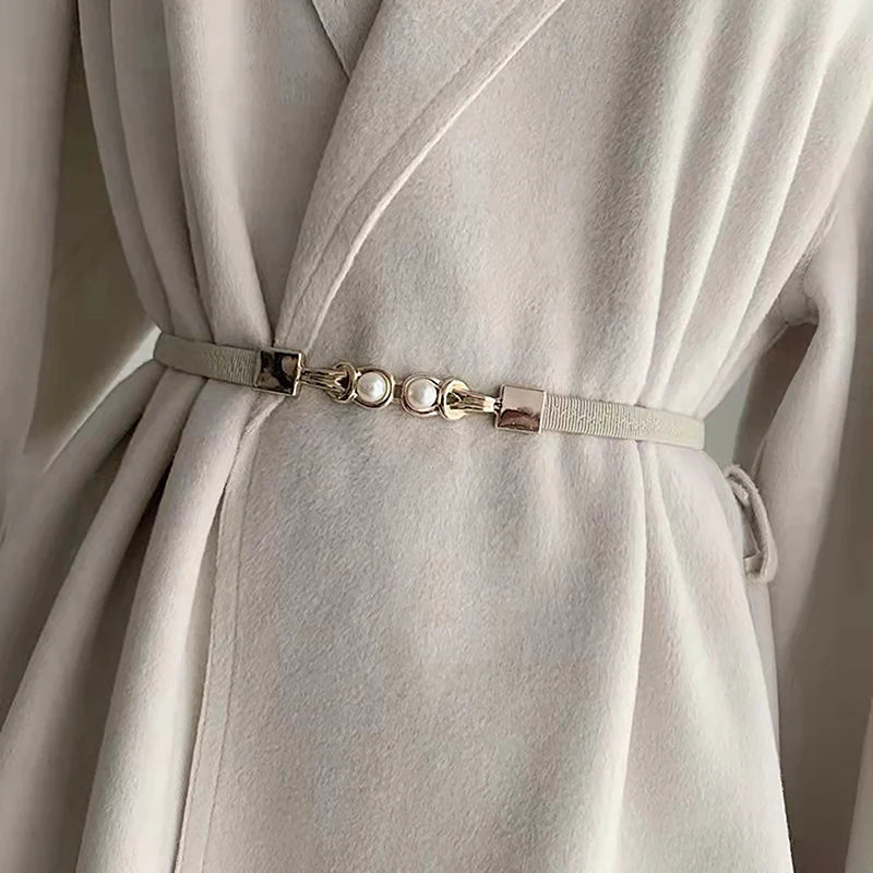 Elegant Double Pearl’s/Elastic Buckle Women Belt’s/Black Thin Straps Lady Girl Dress Skirt Decor Waistbands.