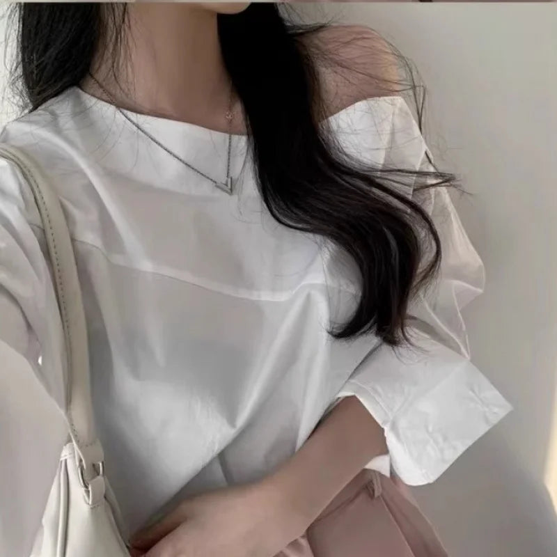 Off White Women Blouse/Fashion Stylish Off Shoulder Shirt/Long Sleeve Cotton Tops.