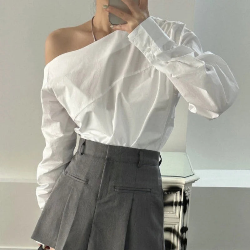Off White Women Blouse/Fashion Stylish Off Shoulder Shirt/Long Sleeve Cotton Tops.