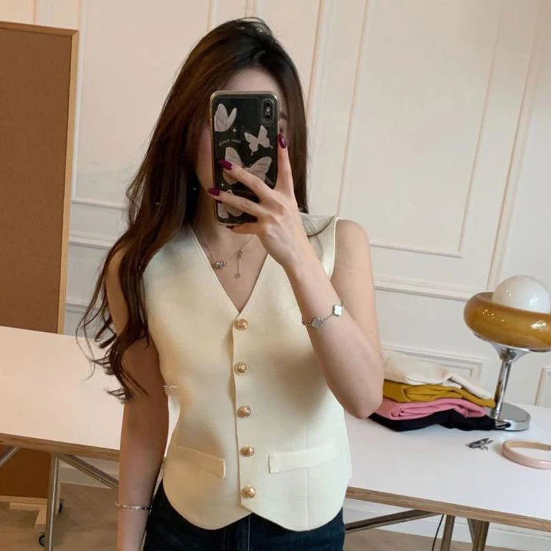 Chic Vests Elegant Waistcoat/V-neck Top’s/Casual/Outwear Sleeveless Slim/Knitted Vest All-match Streetwear.