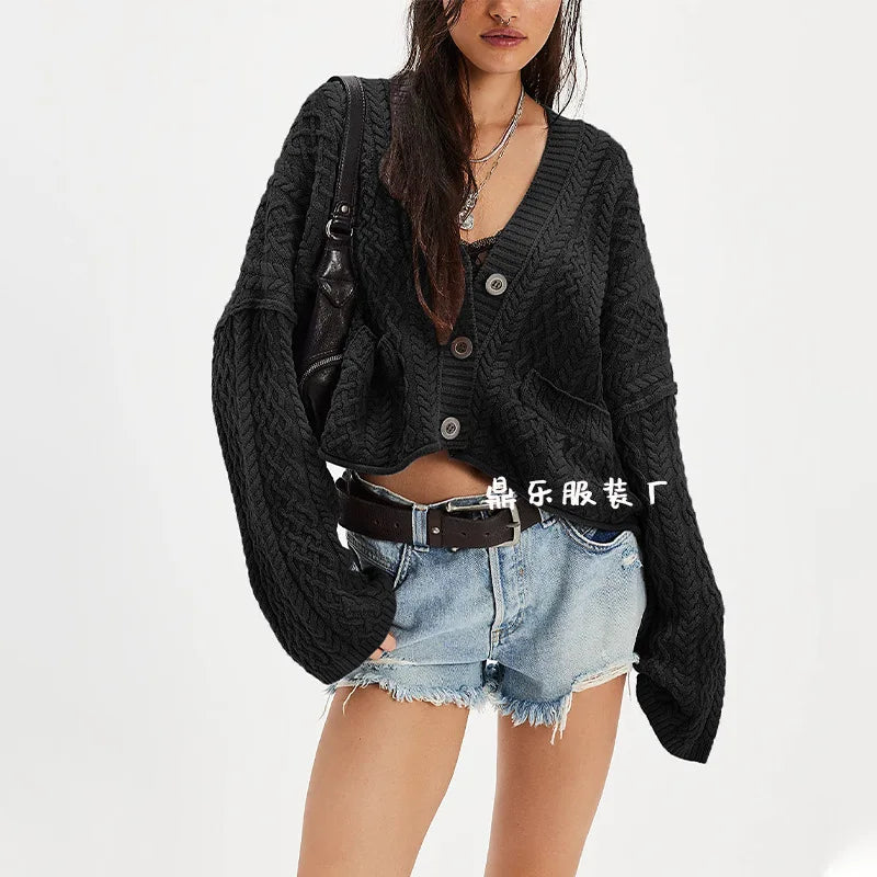 Comfy Knitted Short Sized Sweaters/Solid Cardigan Knit Jumpers/V~Neck Full Sleeved/Elegant Casual Coat Single Breasted Autumn Winter.