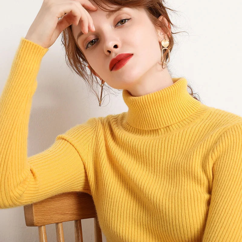 Pullover High Neck~Knitted Ribbed Turtleneck/Soft Pullovers Cashmere Jumpers. Stretch in size.