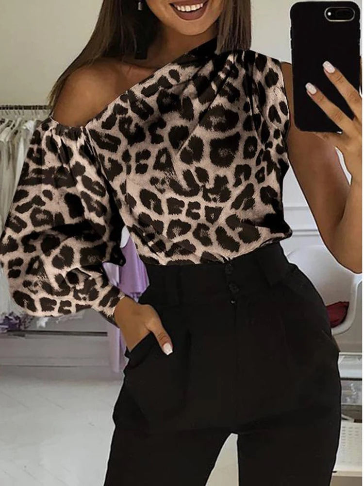 Women's Solid Color Oblique/Shoulder fit long Sleeve. For casual use/Off Shoulder design. Female Fashion Lantern Long Sleeve Shirts.