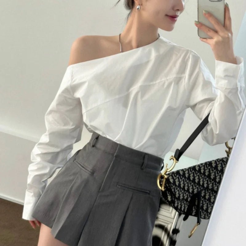 Off White Women Blouse/Fashion Stylish Off Shoulder Shirt/Long Sleeve Cotton Tops.
