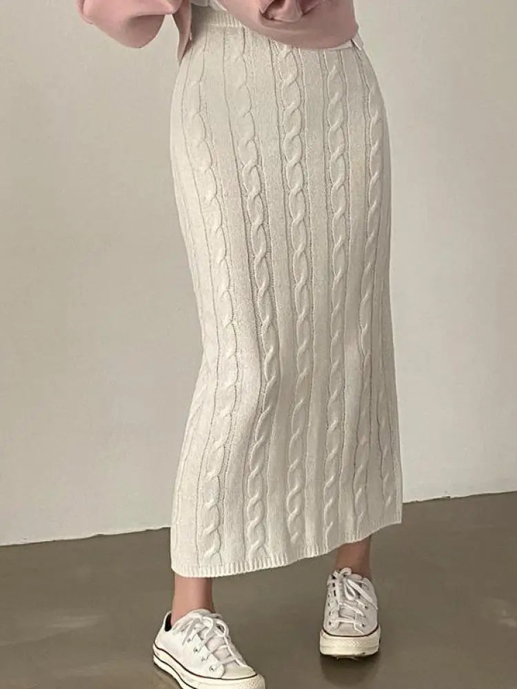 Solid Cotton Cable Crochet Skirts/Slim Fitted Fashion/Long Skirt Vintage/Elastic High Waisted Straight Skirt.