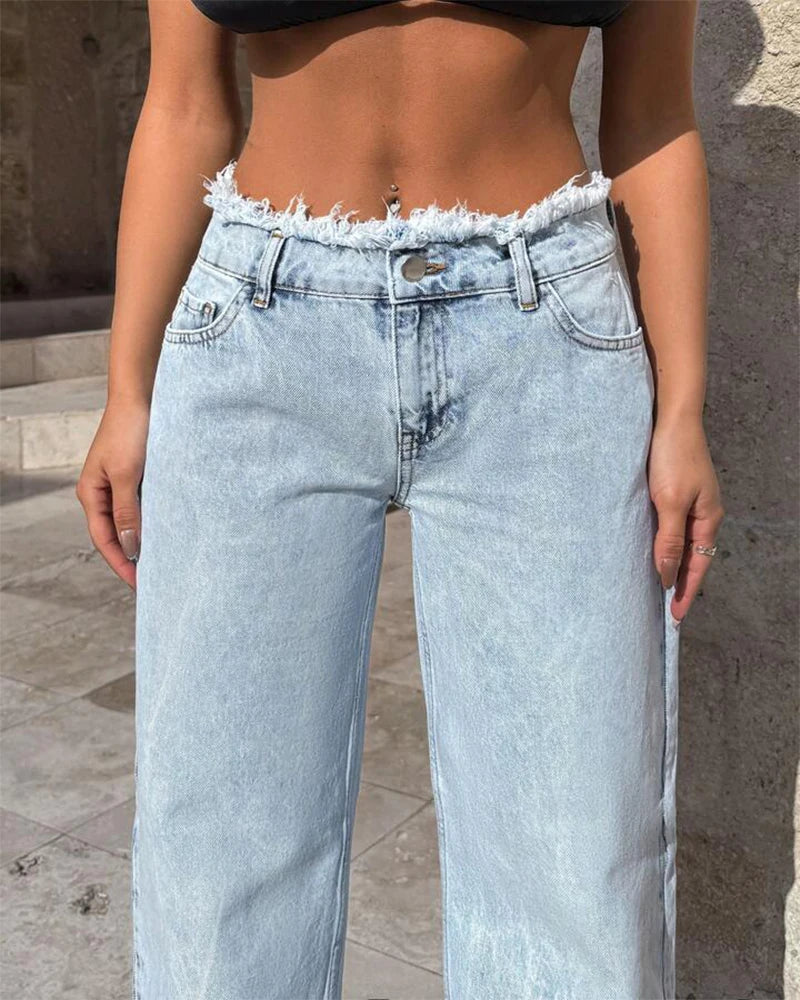 Anatomic Raw Hem Denim Jean’s/High Waisted Wide Leg Jean’s/Slimming Floor-Length Casual Trousers Loose Fit Trendy.