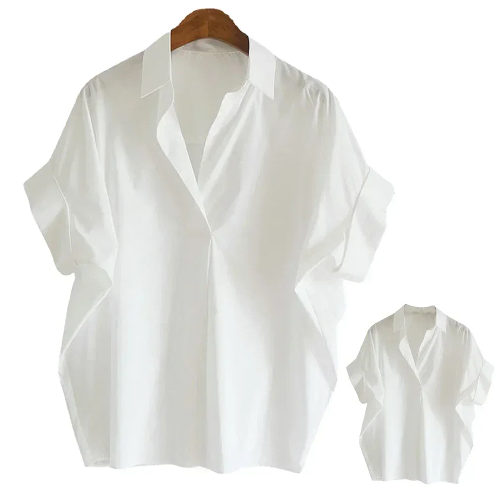 Breathable Barca Top/Simple Short Batwing Sleeve Turn/Town Quick Dry Collar Shirts Solid Color/Female Vintage Style/Comfortable Stretched fitted Shirt.