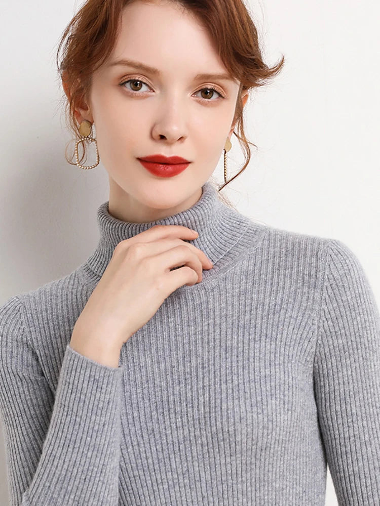 Pullover High Neck~Knitted Ribbed Turtleneck/Soft Pullovers Cashmere Jumpers. Stretch in size.