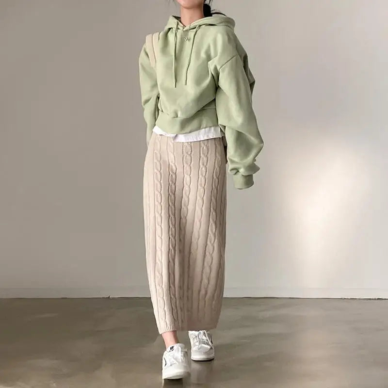 Solid Cotton Cable Crochet Skirts/Slim Fitted Fashion/Long Skirt Vintage/Elastic High Waisted Straight Skirt.