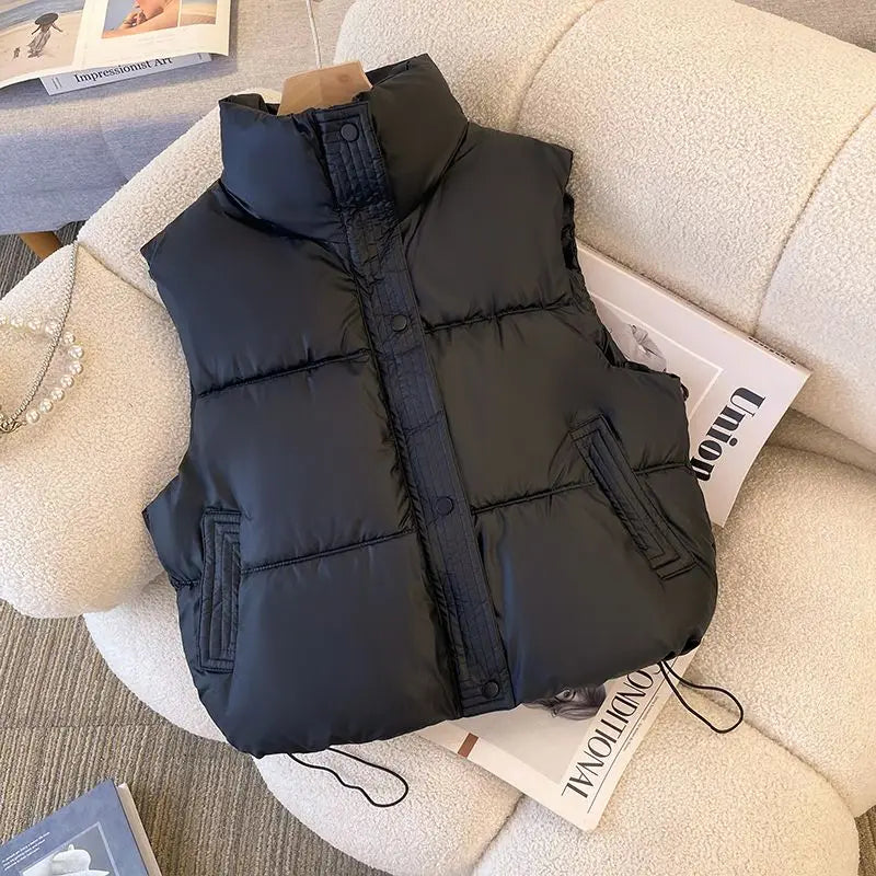 Turn DownCollar/Winter Short Down Cotton Sleeveless Vest Women's/Simple Solid Pockets Coats/Cold Resistant Waistcoat Drawstring Vest.