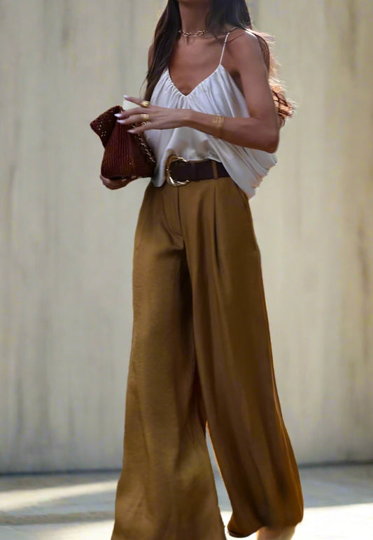 2pcs/Set Women's Solid Color
Button Up Deep V Neck Sleeveless Vest Tops And High Waist Wide Leg Pants With Pocket Casual Set, Graduation, Holiday, Linen Color Linen Suit, Casual.Two Pieces Outfit.