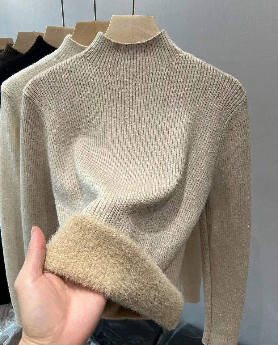Solid Neck FleeceTurtleneck/Winter Sweater Women Elegant/Thicken Velvet Lined Warm Sueter Knitwear Jumper.