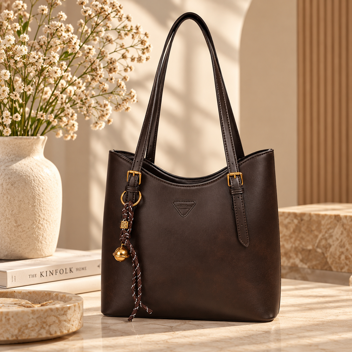 Women’s PU Leather Shoulder Tote Bag – Elegant Structured Handbag with Gold-Tone Accents | Modern Blend Boutique