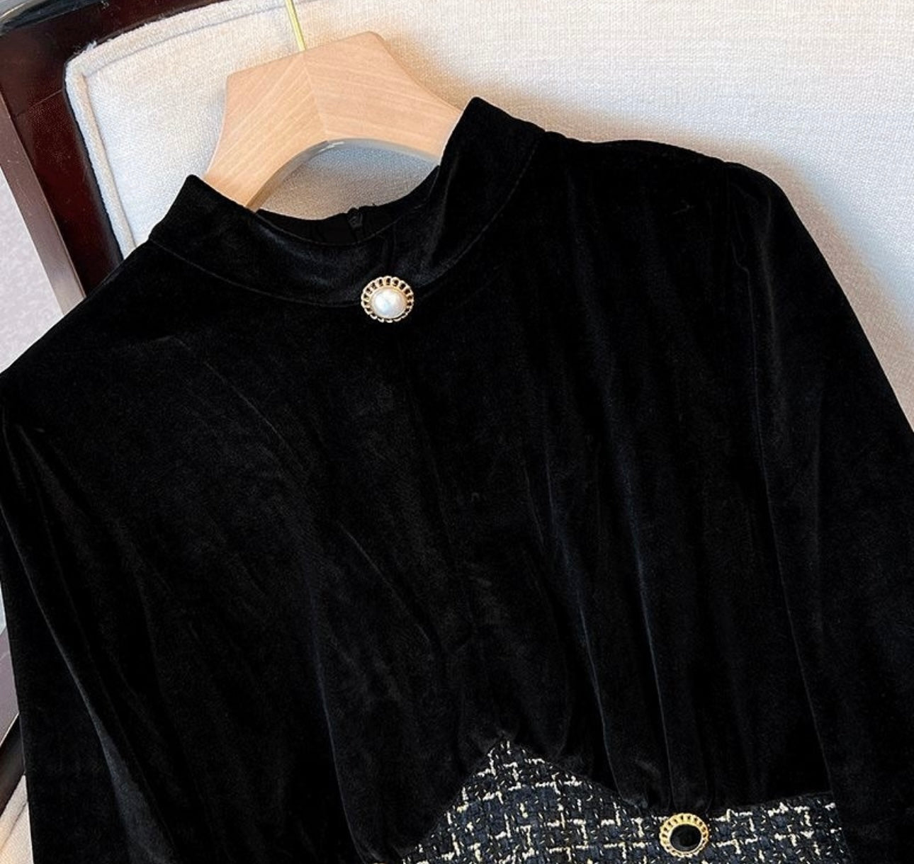 Long Sleeve Vintage Stand Collar Chic Velvet Spliced Coarse Tweed Slim A-line Dresses High Street Autumn Winter Clothing