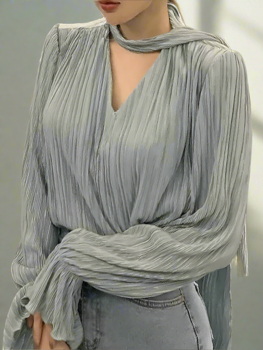 Pleated Elegant Long sleeve Blouse With Ties Women Luxury Ruffle V neck Basic Top Casual Oversize Lady Office Wear Korean Chic