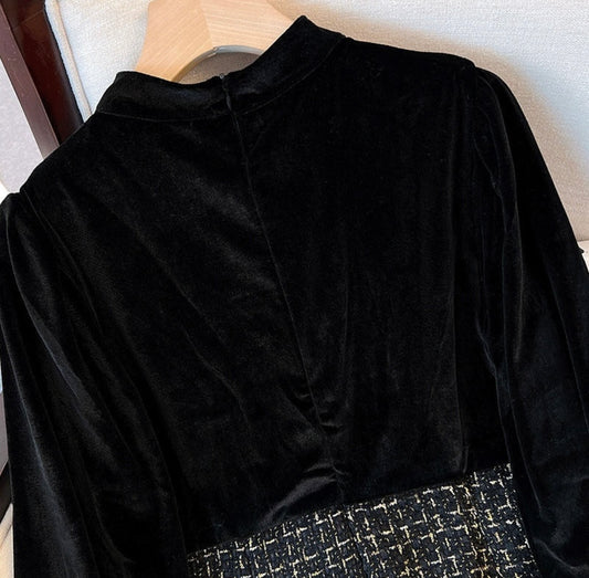 Long Sleeve Vintage Stand Collar Chic Velvet Spliced Coarse Tweed Slim A-line Dresses High Street Autumn Winter Clothing