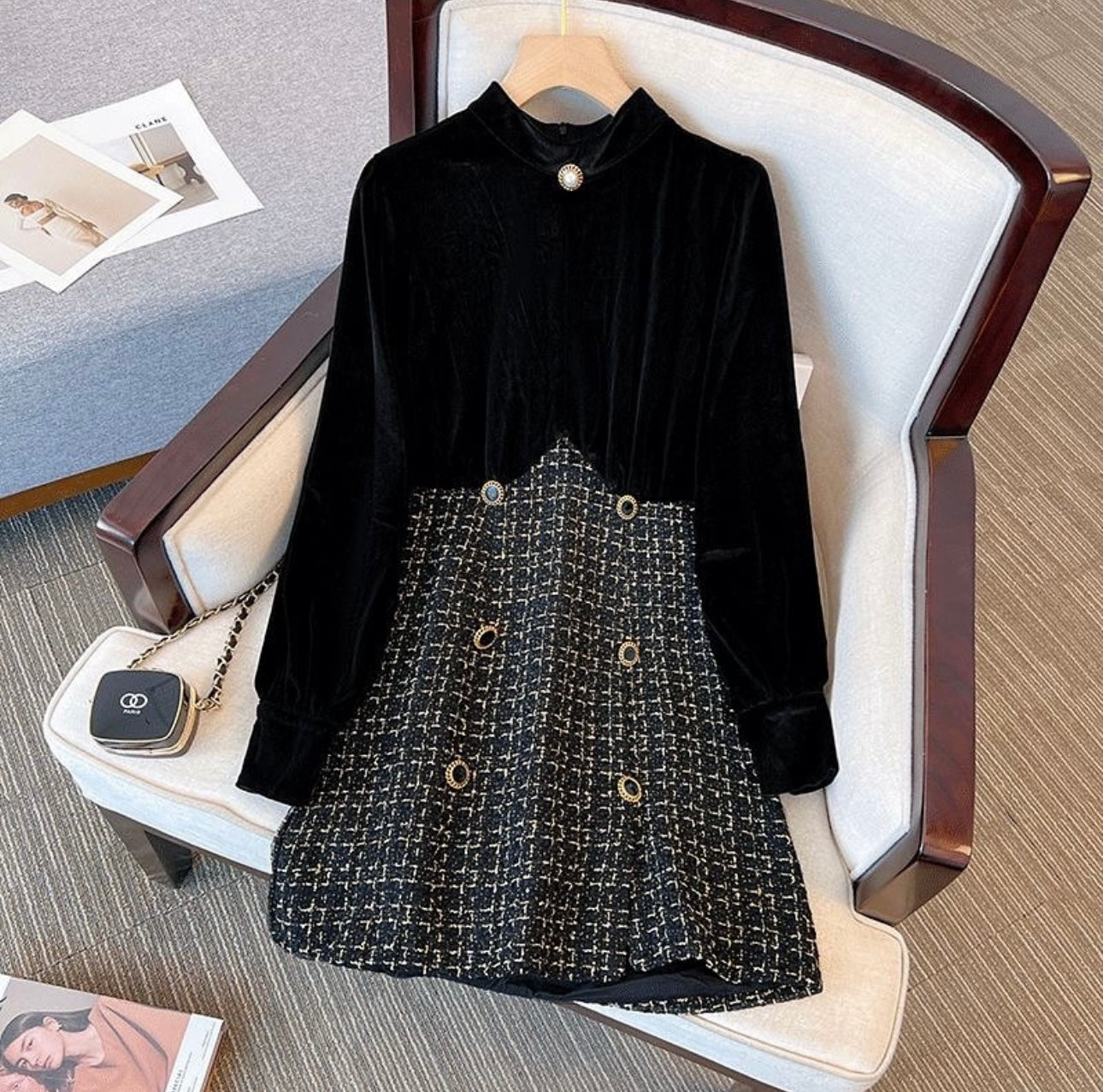 Long Sleeve Vintage Stand Collar Chic Velvet Spliced Coarse Tweed Slim A-line Dresses High Street Autumn Winter Clothing