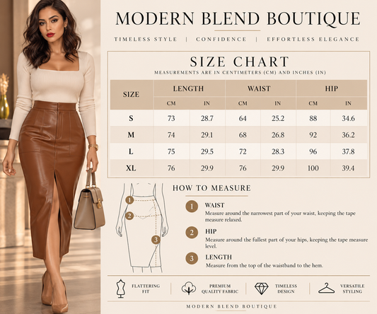 Modern Blend Boutique Women’s High-Waisted Faux Leather Midi Pencil Skirt – Elegant Front Slit, Slim Fit PU Leather Skirt, Timeless Chic Office & Evening Wear