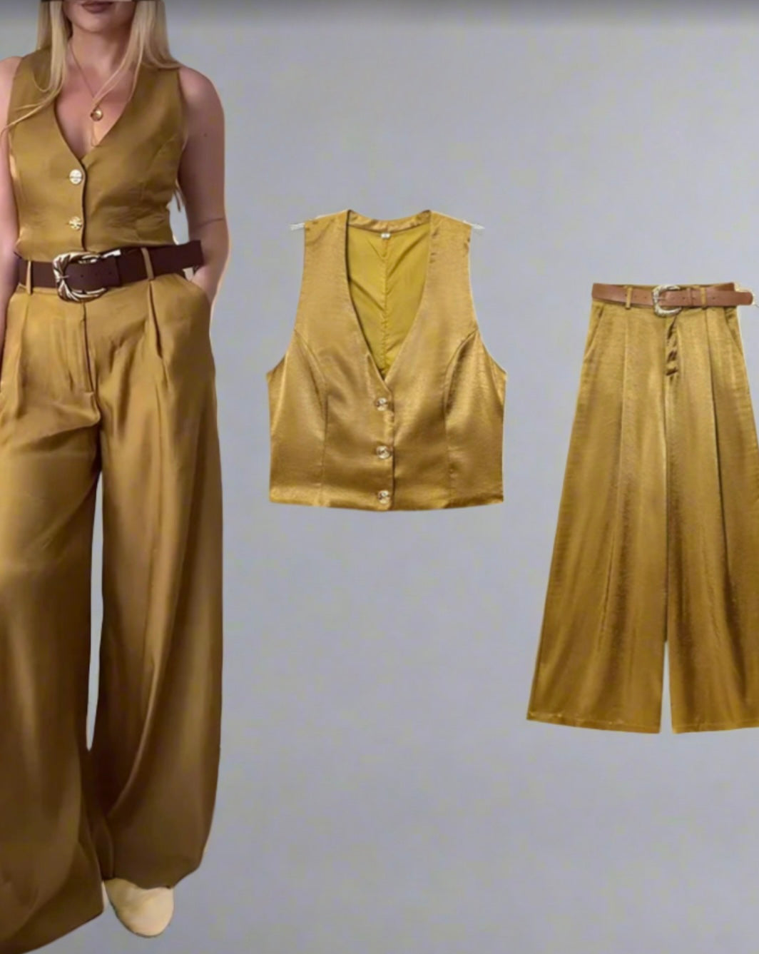 2pcs/Set Women's Solid Color
Button Up Deep V Neck Sleeveless Vest Tops And High Waist Wide Leg Pants With Pocket Casual Set, Graduation, Holiday, Linen Color Linen Suit, Casual.Two Pieces Outfit.