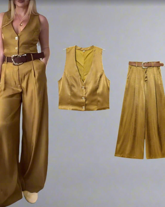 2pcs/Set Women's Solid Color
Button Up Deep V Neck Sleeveless Vest Tops And High Waist Wide Leg Pants With Pocket Casual Set, Graduation, Holiday, Linen Color Linen Suit, Casual.Two Pieces Outfit.