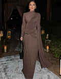 Refined Irregular Pleated Dress/Patchwork Maxi Dress/Pullover Chic Long Sleeve/High Neck DressesTurtleneck Party/Ankle Length.🤎.