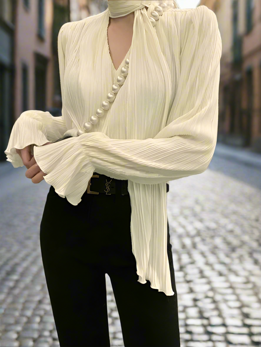 Pleated Elegant Long sleeve Blouse With Ties Women Luxury Ruffle V neck Basic Top Casual Oversize Lady Office Wear Korean Chic