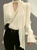 Pleated Elegant Long sleeve Blouse With Ties Women Luxury Ruffle V neck Basic Top Casual Oversize Lady Office Wear Korean Chic