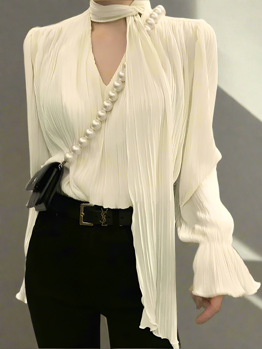 Pleated Elegant Long sleeve Blouse With Ties Women Luxury Ruffle V neck Basic Top Casual Oversize Lady Office Wear Korean Chic