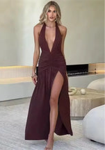 Long Halter Maxi Dress/Deep V Neck Backless Maxi Dress/Solid Sleeveless Thigh/High Split Dress/All Occasional.