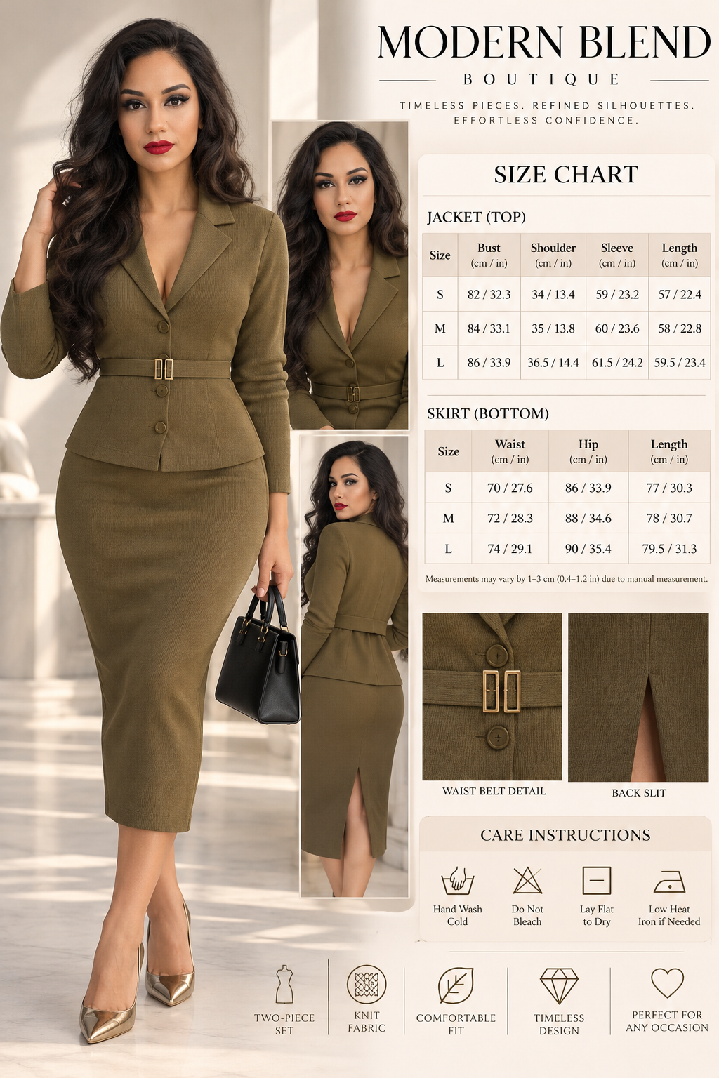 Women’s Olive Green Knit Blazer & Midi Skirt Set | Elegant Two-Piece Business Casual Suit | Fall Winter Fashion