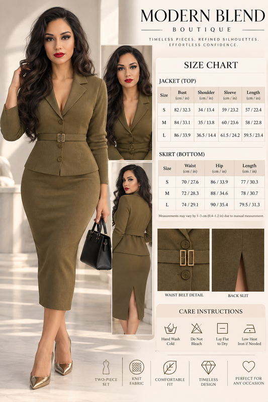 Women’s Olive Green Knit Blazer & Midi Skirt Set | Elegant Two-Piece Business Casual Suit | Fall Winter Fashion