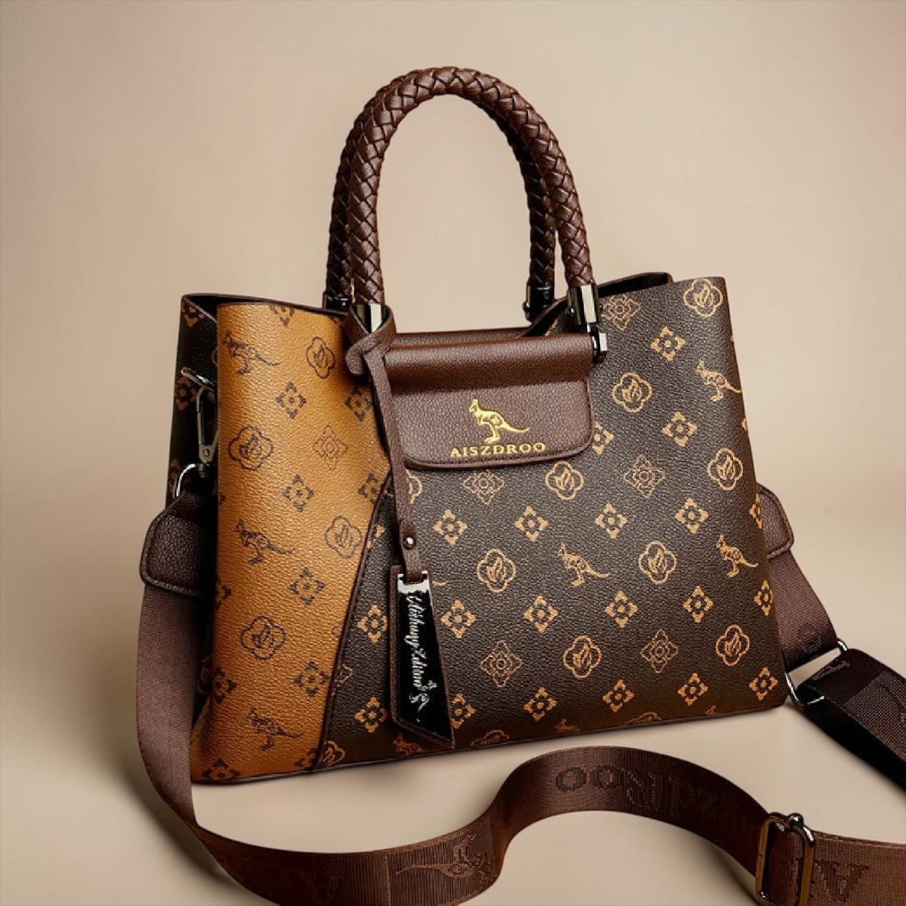 Elegant Genuine Leather Tote Handbag – Luxury Pattern Shoulder Bag with Braided Handle & Adjustable Strap