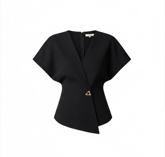 Elegant Women T-shirt V-neck/Single Button Top’s/French Style Irregular Top Solid Short Sleeved Women Y2k Streetwear.