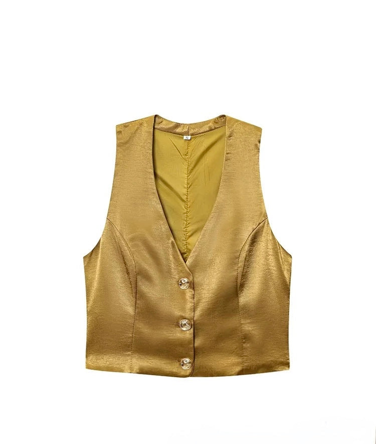 2pcs/Set Women's Solid Color
Button Up Deep V Neck Sleeveless Vest Tops And High Waist Wide Leg Pants With Pocket Casual Set, Graduation, Holiday, Linen Color Linen Suit, Casual.Two Pieces Outfit.