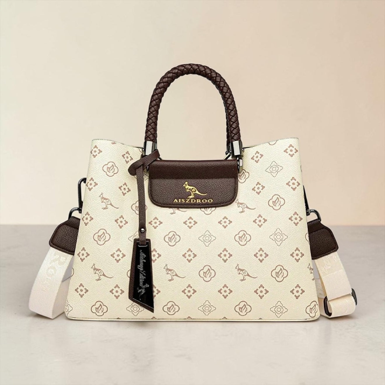 Elegant Genuine Leather Tote Handbag – Luxury Pattern Shoulder Bag with Braided Handle & Adjustable Strap