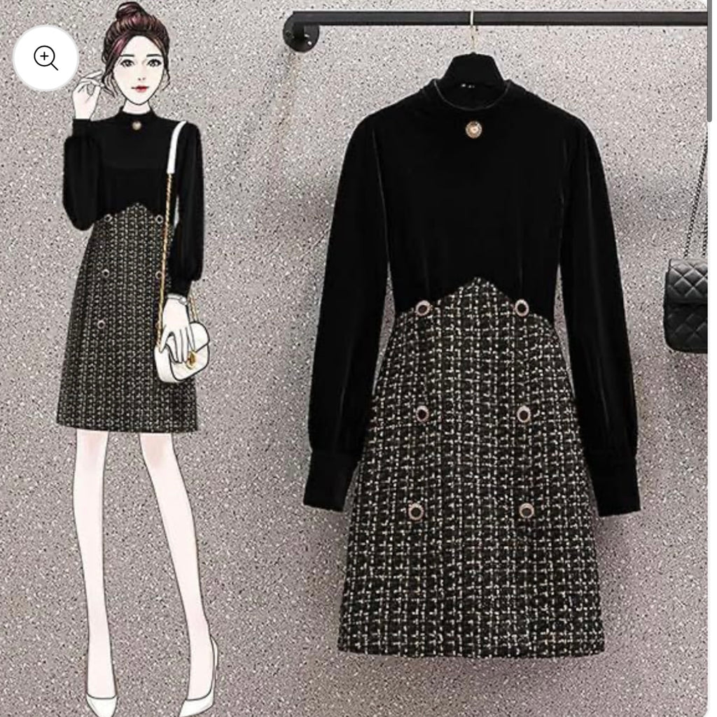 Long Sleeve Vintage Stand Collar Chic Velvet Spliced Coarse Tweed Slim A-line Dresses High Street Autumn Winter Clothing