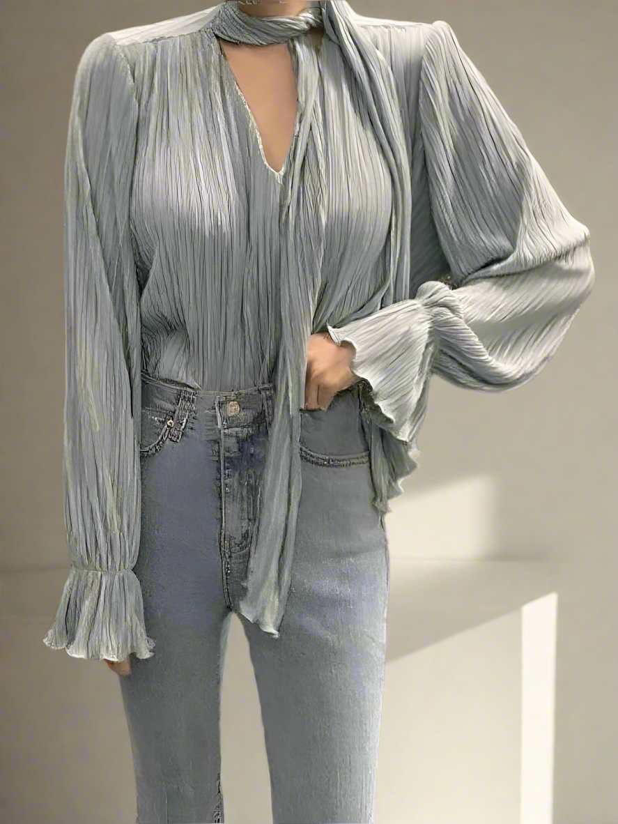 Pleated Elegant Long sleeve Blouse With Ties Women Luxury Ruffle V neck Basic Top Casual Oversize Lady Office Wear Korean Chic