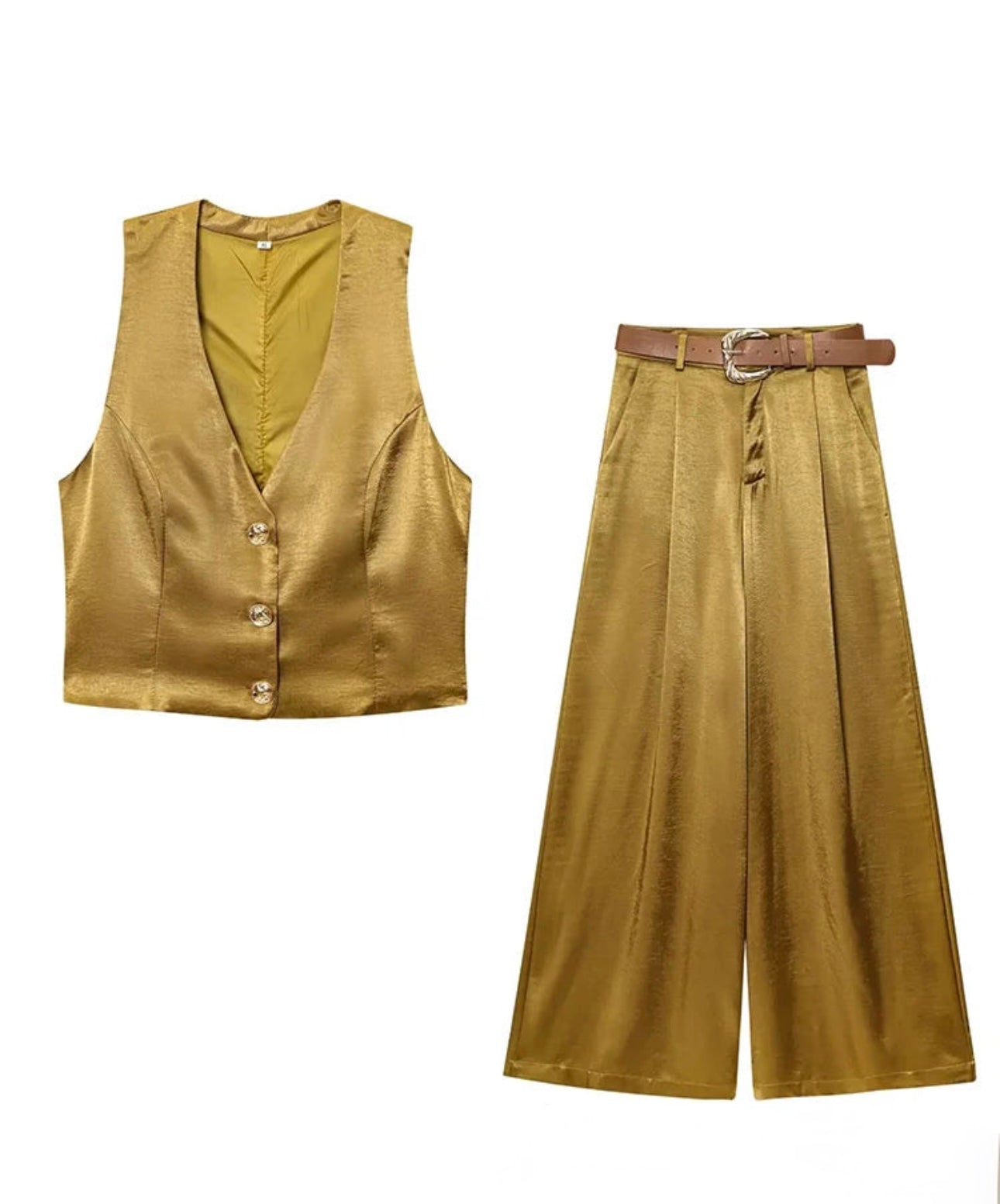 2pcs/Set Women's Solid Color
Button Up Deep V Neck Sleeveless Vest Tops And High Waist Wide Leg Pants With Pocket Casual Set, Graduation, Holiday, Linen Color Linen Suit, Casual.Two Pieces Outfit.