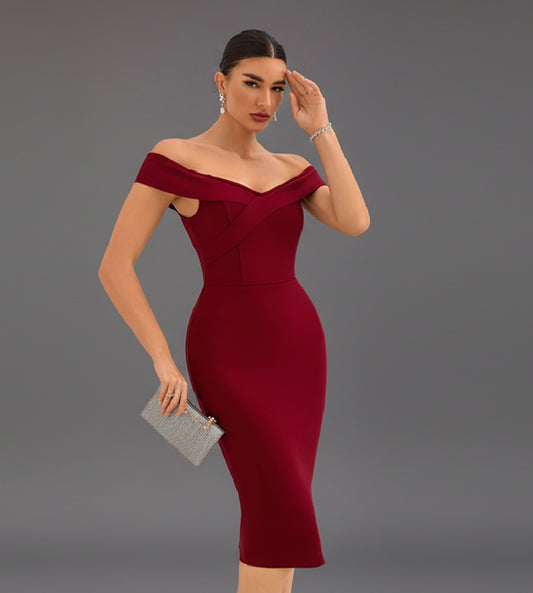 Elegant Off-Shoulder Burgundy Midi Bandage Dress with Criss-Cross Front – Form-Fitting Cocktail Parties Dresses for Women