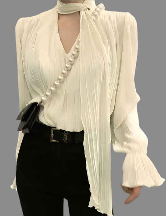 Pleated Elegant Long sleeve Blouse With Ties Women Luxury Ruffle V neck Basic Top Casual Oversize Lady Office Wear Korean Chic