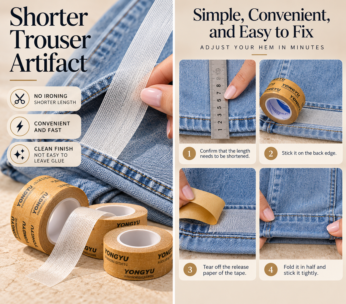 Invisible Self-Adhesive Hemming Tape | No-Sew Clothing & Fabric Hem Fix