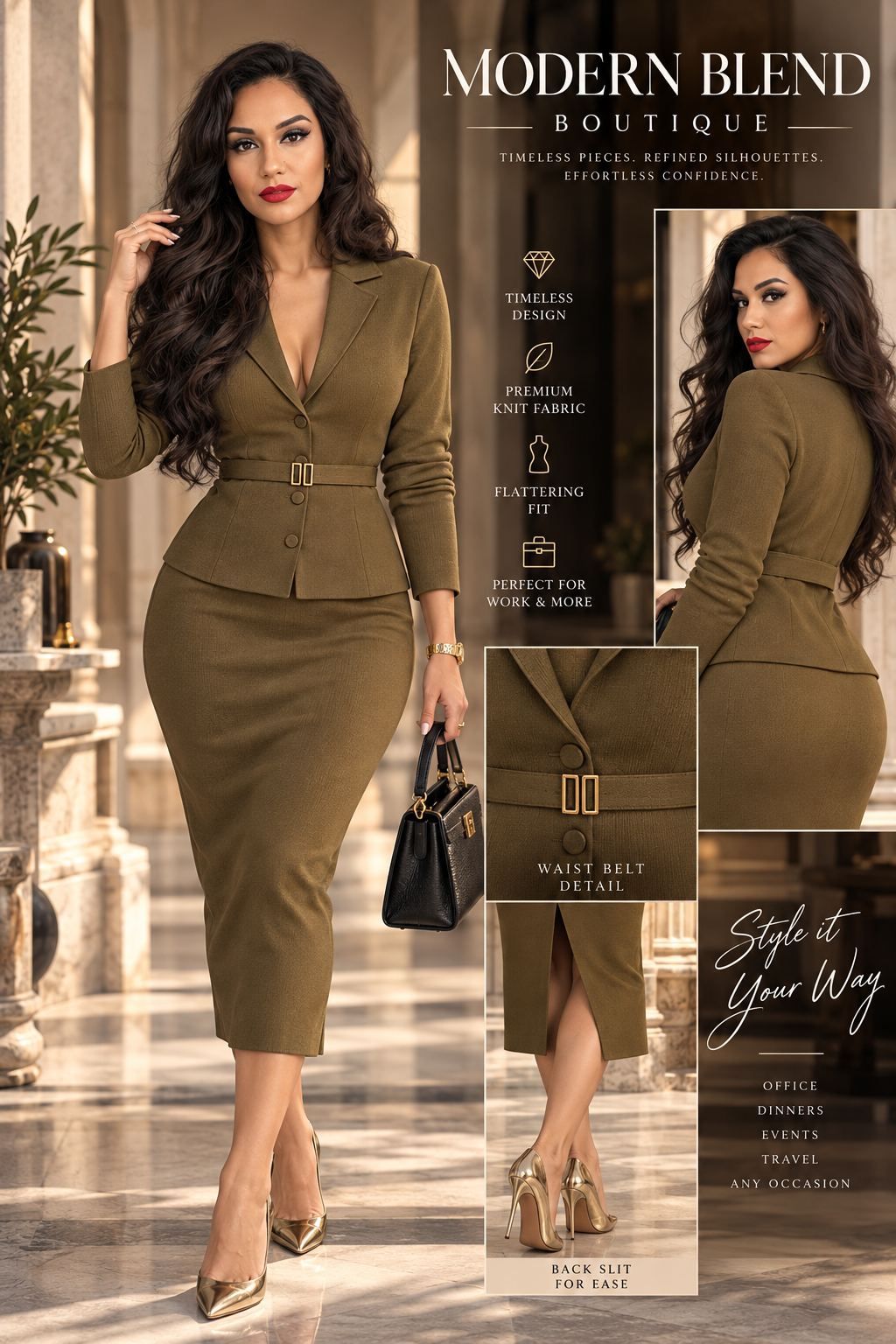 Women’s Olive Green Knit Blazer & Midi Skirt Set | Elegant Two-Piece Business Casual Suit | Fall Winter Fashion
