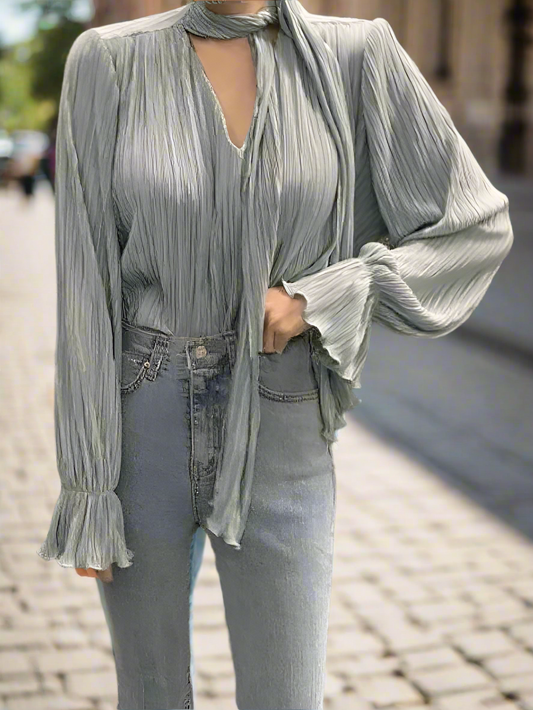 Pleated Elegant Long sleeve Blouse With Ties Women Luxury Ruffle V neck Basic Top Casual Oversize Lady Office Wear Korean Chic