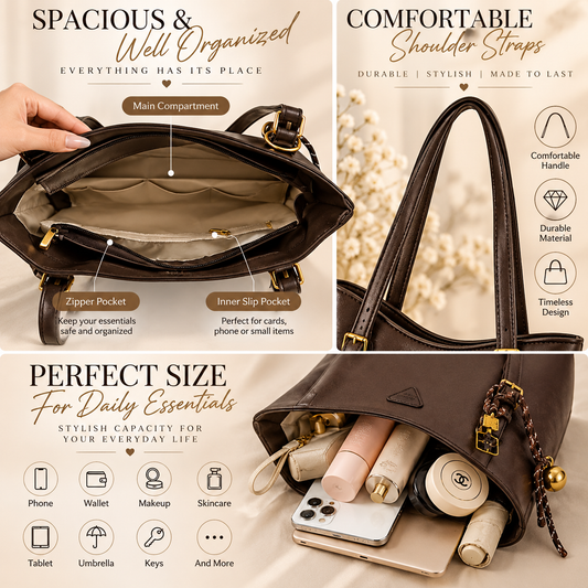 Women’s PU Leather Shoulder Tote Bag – Elegant Structured Handbag with Gold-Tone Accents | Modern Blend Boutique