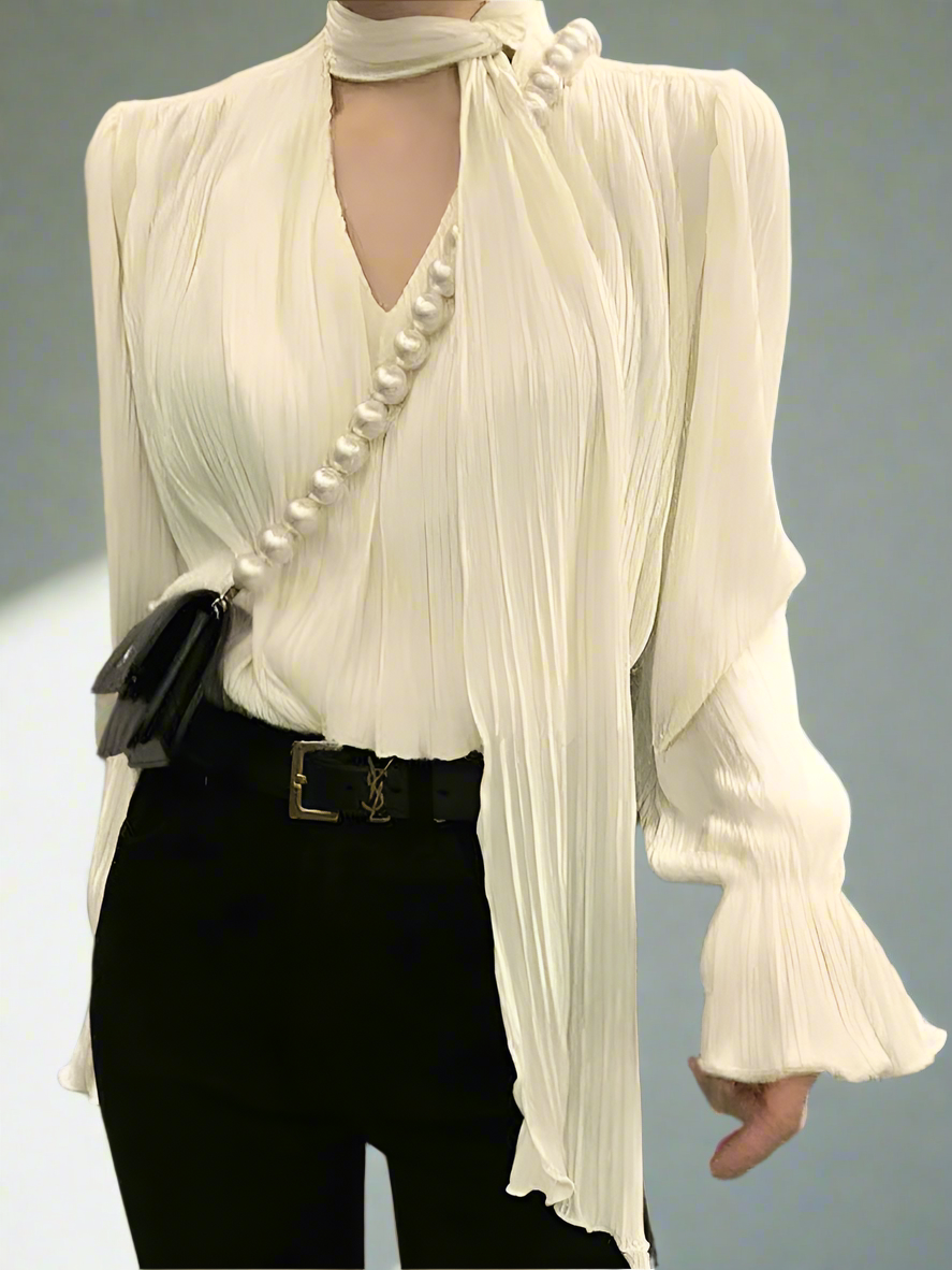 Pleated Elegant Long sleeve Blouse With Ties Women Luxury Ruffle V neck Basic Top Casual Oversize Lady Office Wear Korean Chic